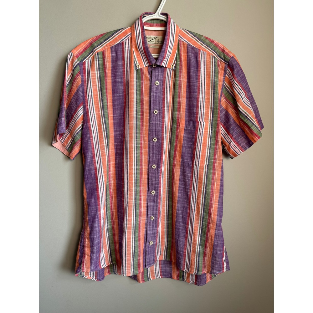Lipson Tailored Vintage Short Sleeve Button Down Shirt Multi Color Stripe Mens L
